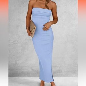 Elegant Blue Strapless Maxi Dress